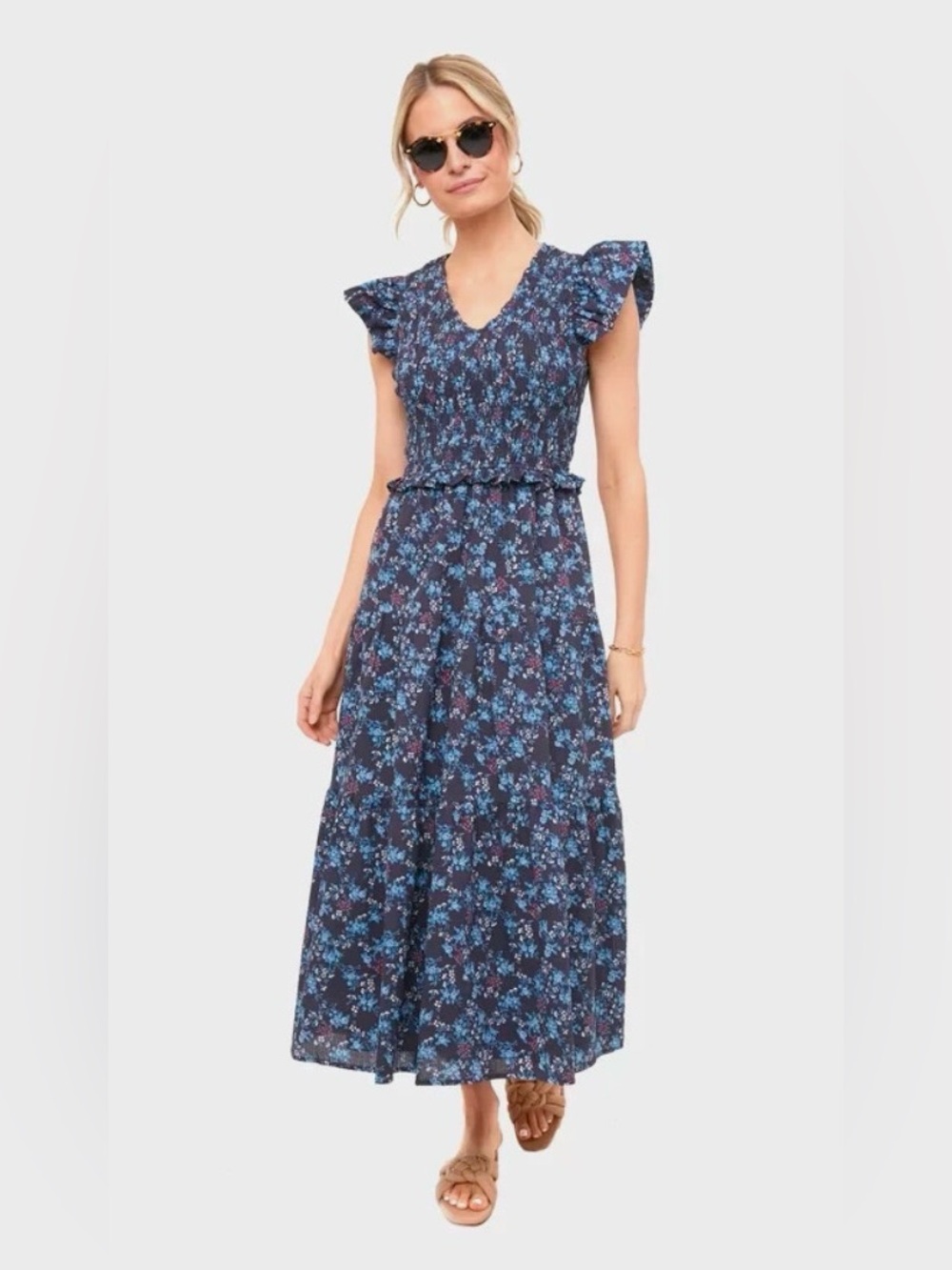 Sea New York Navy Floral Smocked frilly -Sleeve Maxi Dress